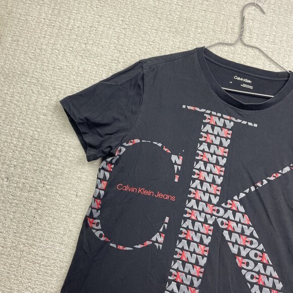 Y2K Calvin Klein T-Shirt Mens L Black Abstract CK Logo Graphic Grey / Red - Picture 4 of 14